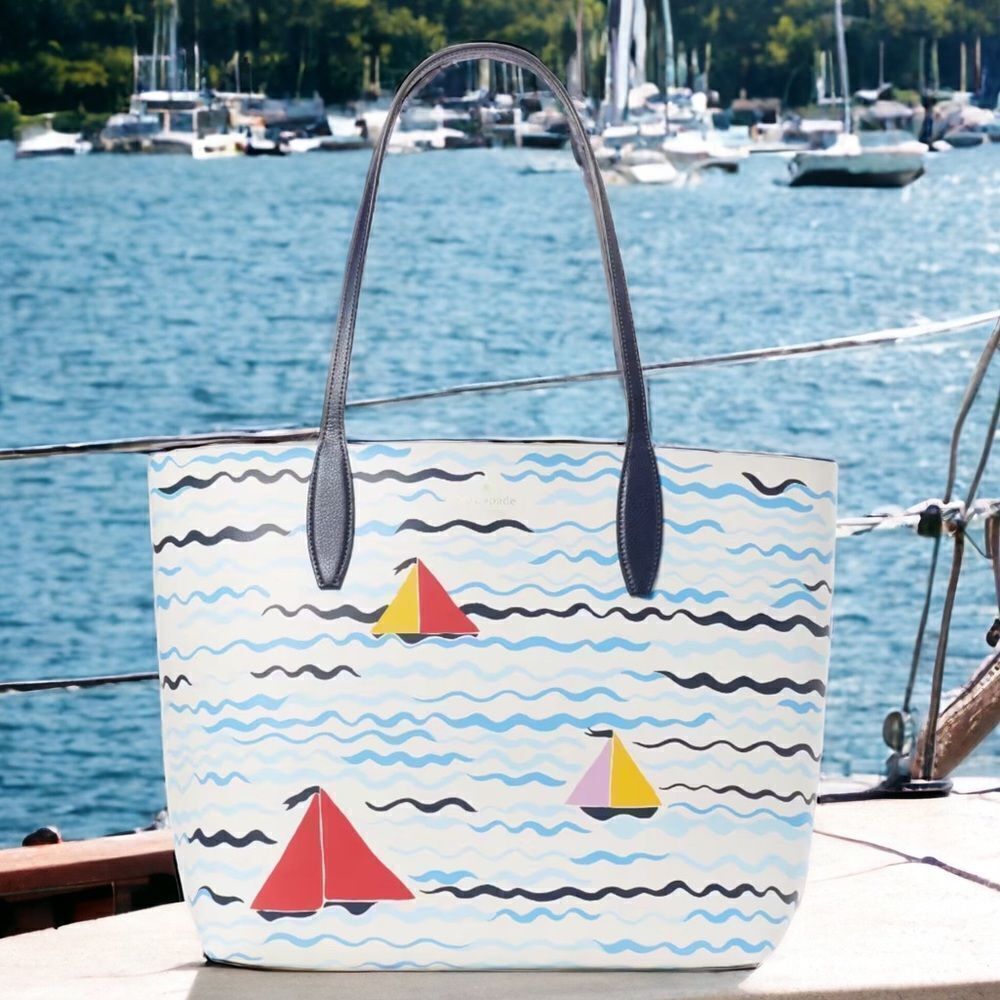 KATE SPADE SET SAIL LARGE LEATHER TOTE BAG BEACH SUMMER WITH COSMETIC WRISTLET - Picture 2 of 8